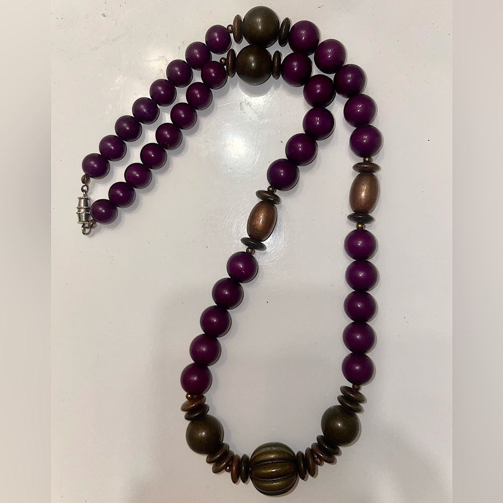 VINTAGE Purple & Bronze Beaded Costume Statement Art Deco 12” Necklace